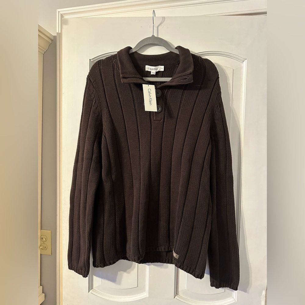 🌈🥳HP Calvin Klein Men’s Ribbed Knit Sweater Quarter Button Brown/Coffee XL.NWT